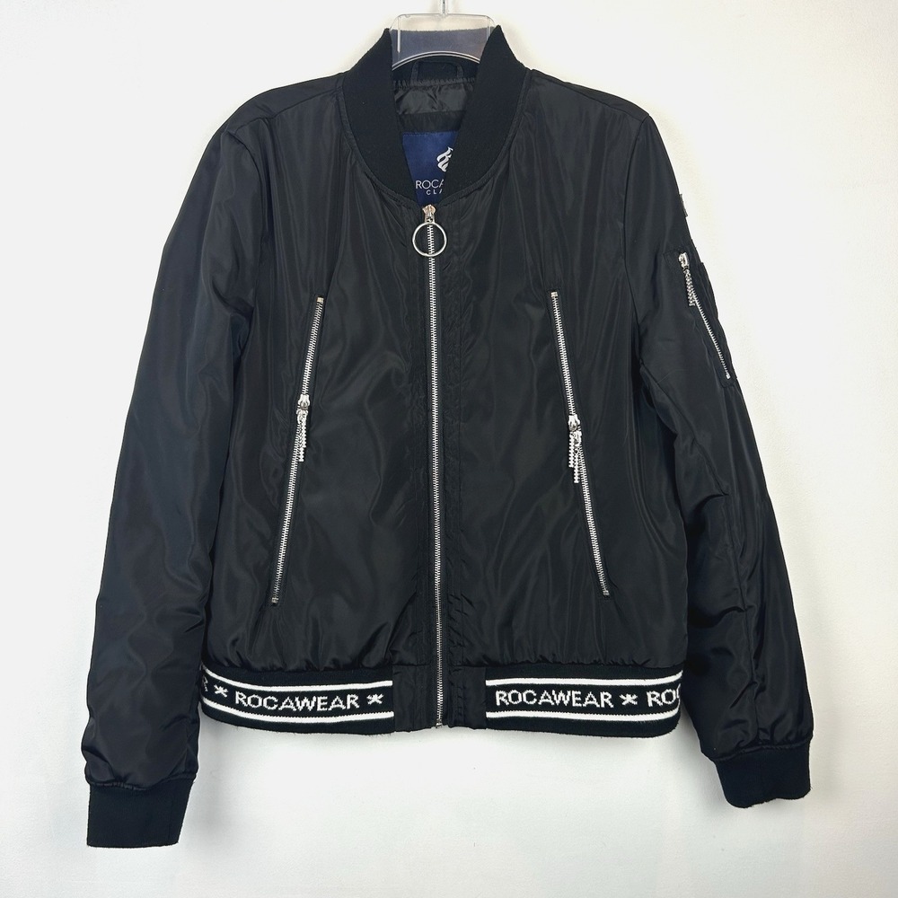 Vintage Rocawear Bomber Jacket Womens XL Black Silver Hardware Y2K Hip Hop